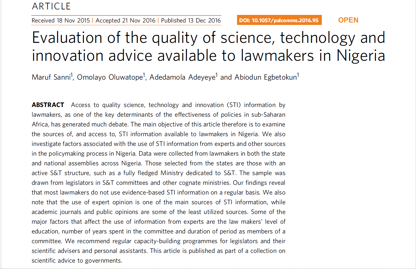 Evaluation of the quality of science, technology and innovation advice available to lawmakers in Nigeria