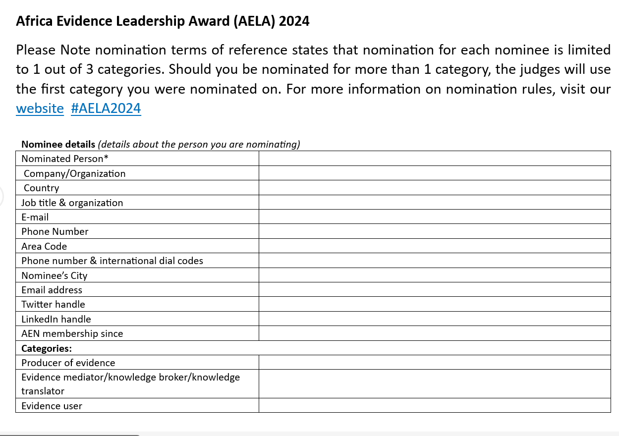 Africa Evidence Leadership Award 2024 - nomination form