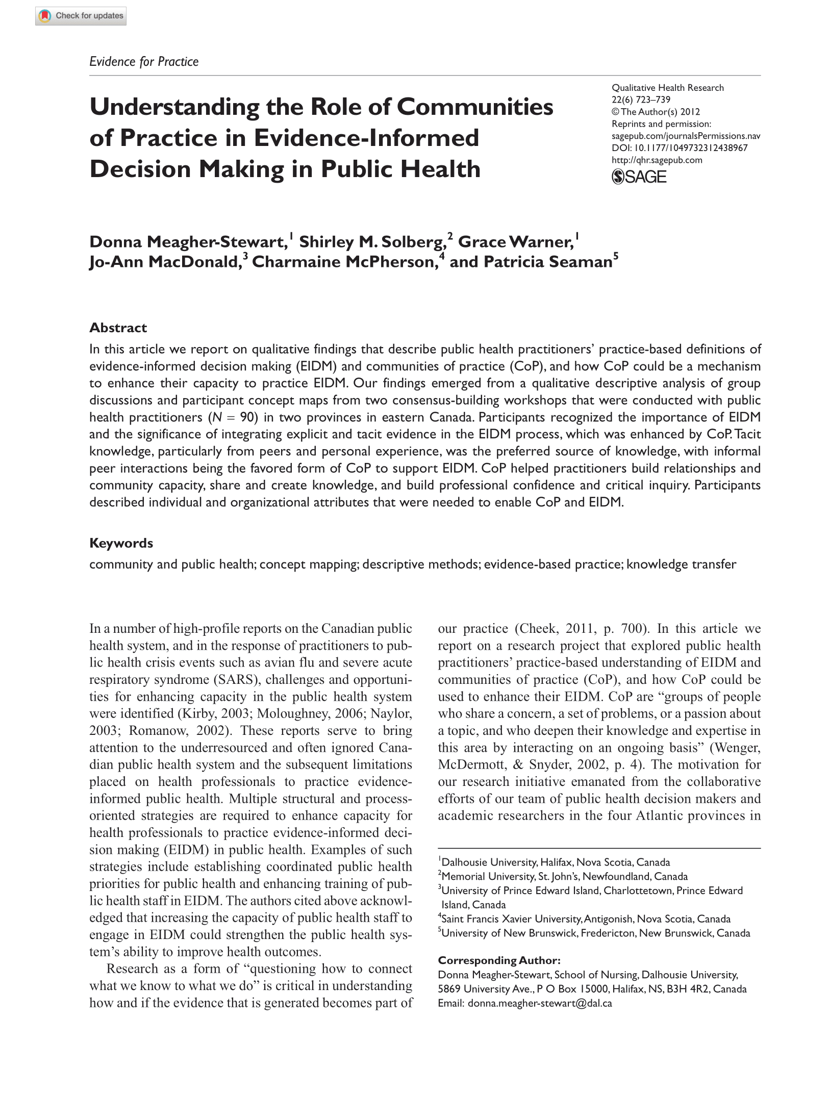 Understanding the Role of Communities of Practice in Evidence-Informed Decision Making in Public Health
